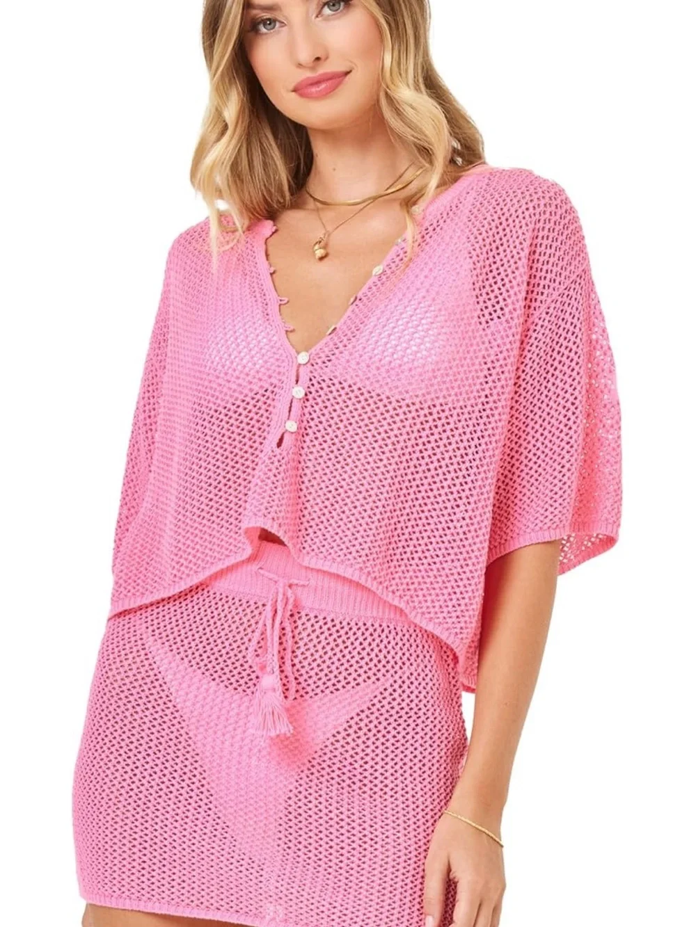 L*Space “Coast is Clear” Knit Mesh Coverup Top Pink M